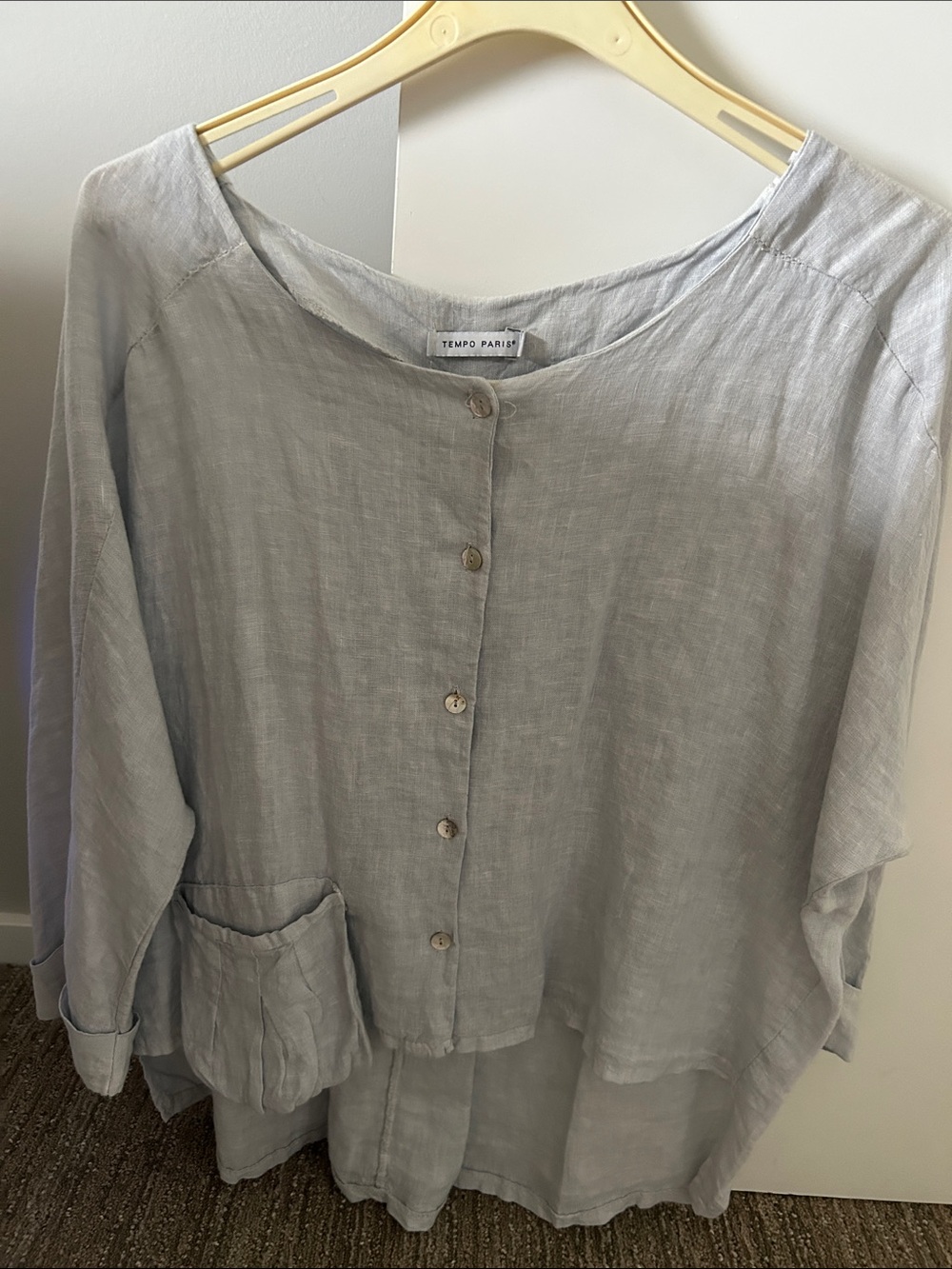 Tempo Paris Light Gray/dusty light blue Linen Button-Front Blouse